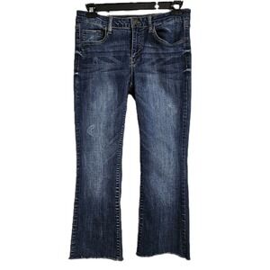 SO Bootcut Jeans Women's 11 (31x25.5) Blue Stretch Low-Rise Raw Hem Distressed